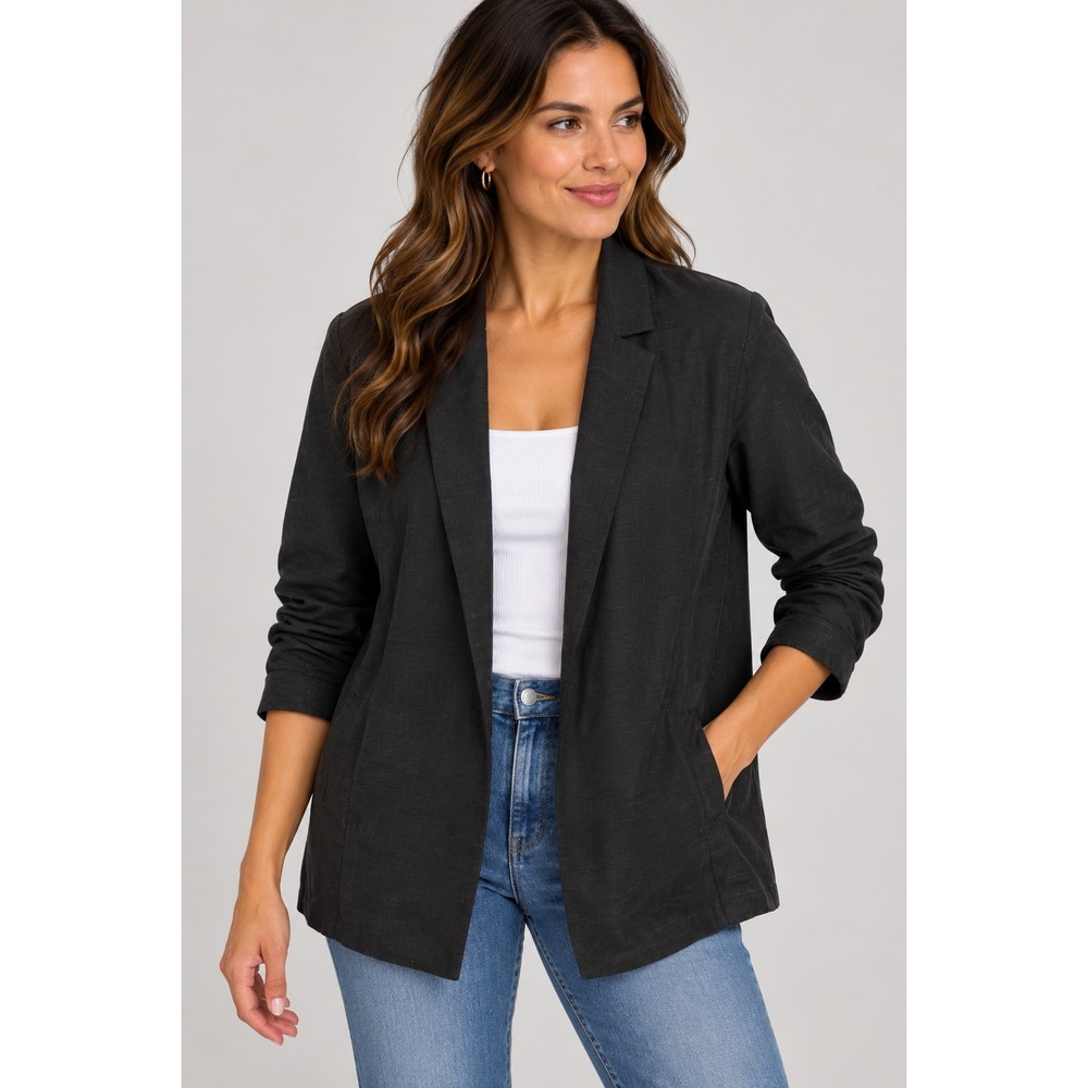 Eileen Fisher Black Lyocell Organic Linen Open Front Longline Blazer Jacket M